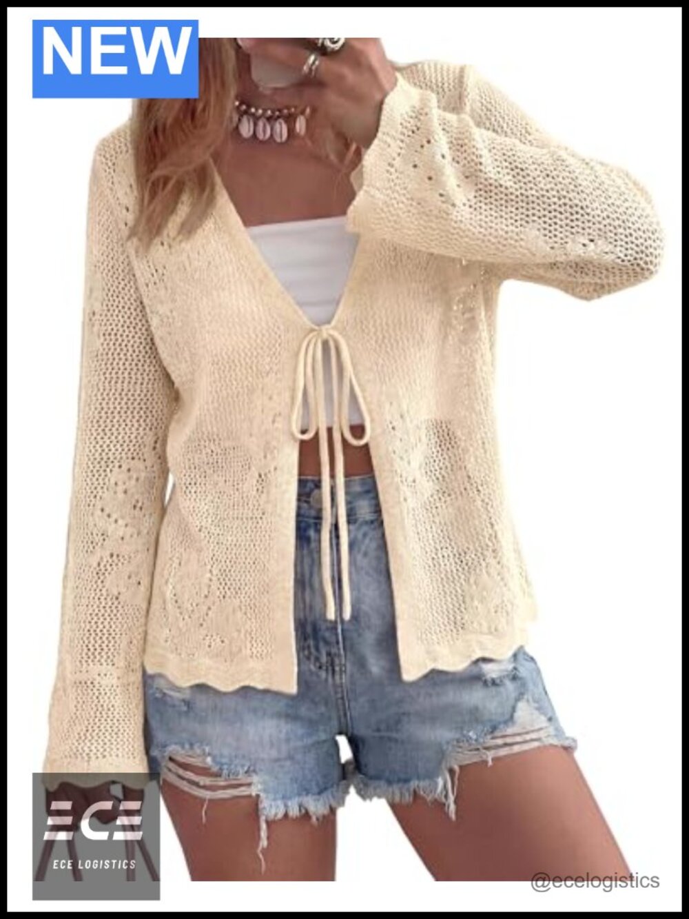 Crochet Knit Cardigan Long Bell Sleeve Tie-Front V-Neck Sweater